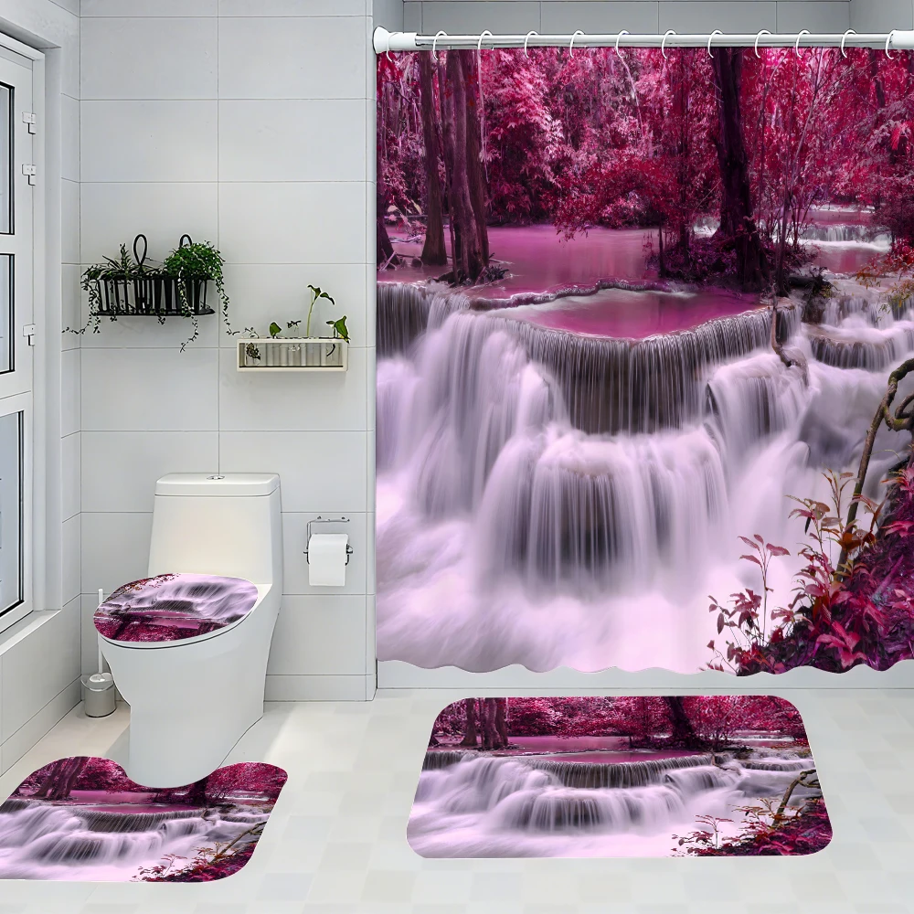 

Pink Forest Bathroom Four-piece Set - Avant-garde Waterproof Shower Curtain, creating a complete bathroom kit