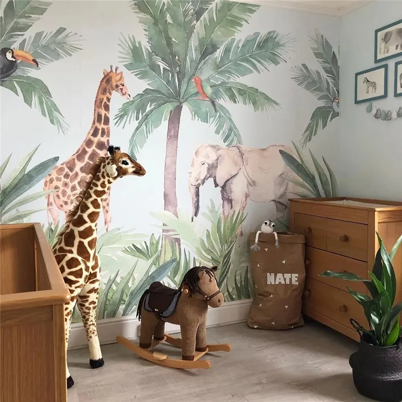 Cartoon Tropical Plants Giraffe Elephant Animal Wallpaper Children's Room Background Wall Paper Home Decor Mural Papel De Parede