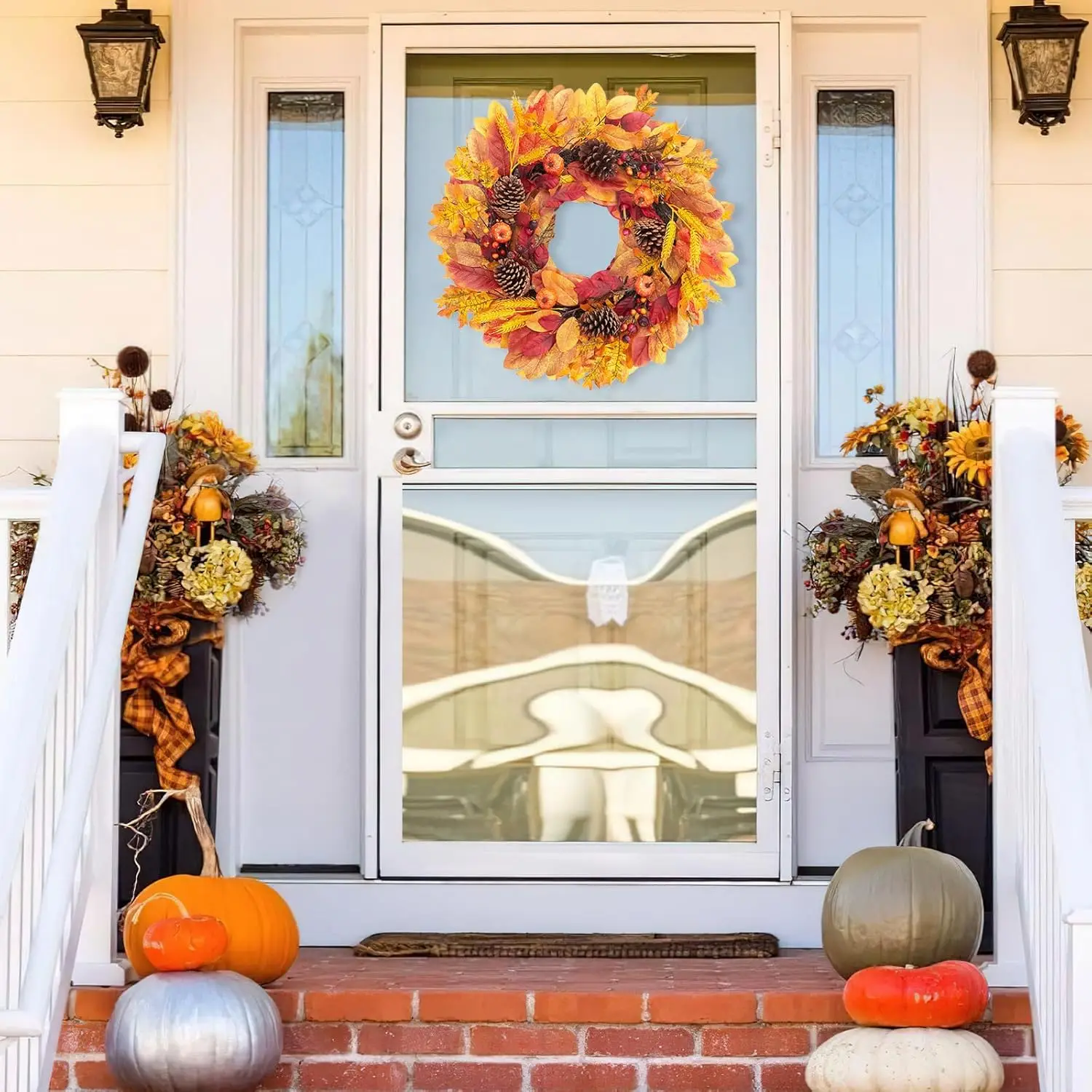 Fall Front Door Wreath 24” Artificial Wreath with Pumpkins, Maple Leaves Berries, Wheat, Fall Orange Wreath for Front Door Wall