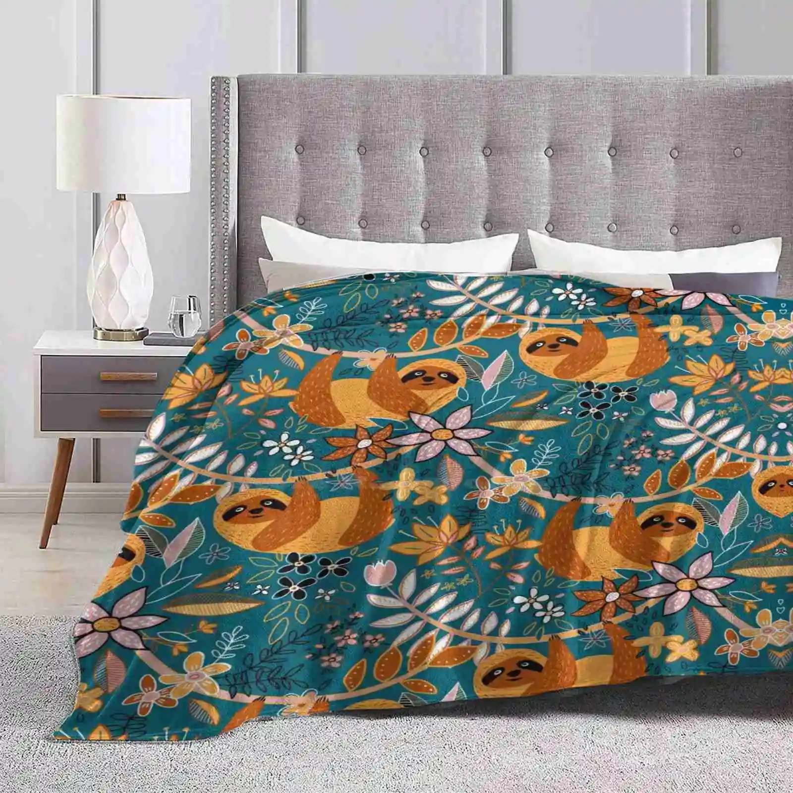 Happy Boho Sloth Floral For Home Sofa Bed Camping Car Plane Travel Portable Blanket Cute Pattern Micklyn Sloths Animals Floral