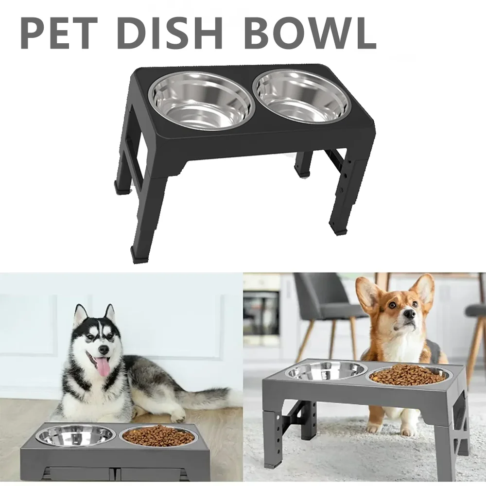 

Adjustable Elevated Pet Dish Bowl Black Raised Stand with Double Stainless Steel Food Water Bowls for Small Medium Large Dog Cat