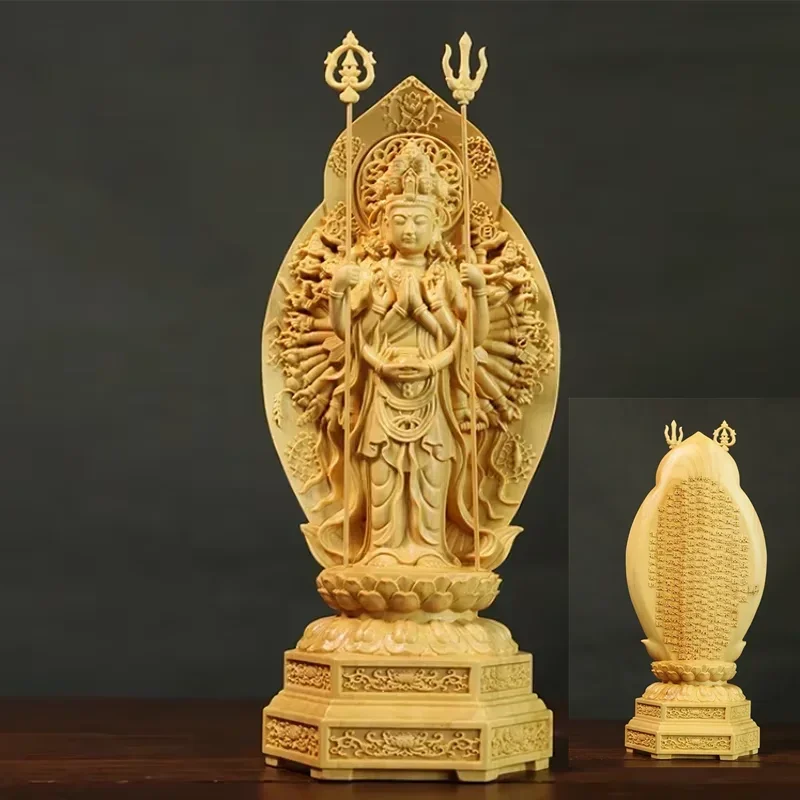 High 20cm Boxwood Carving Buddha Sculpture Thousand-Hand Guanyin Home Decor