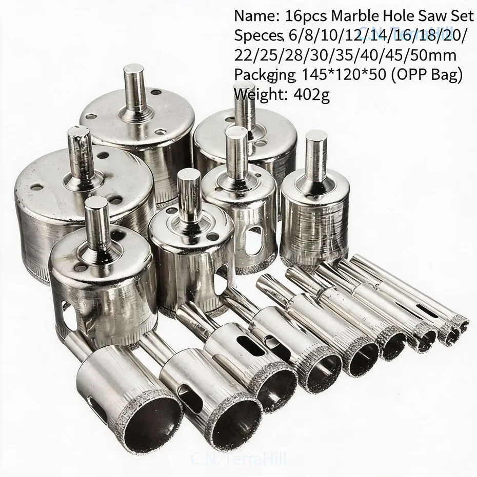 16 Piece 6-50mm Diamond Glass Drill Bit Set for Tile, Marble, Ceramic, Porcelain, Stone Hole Saw Kit with Round Bead Trimmer