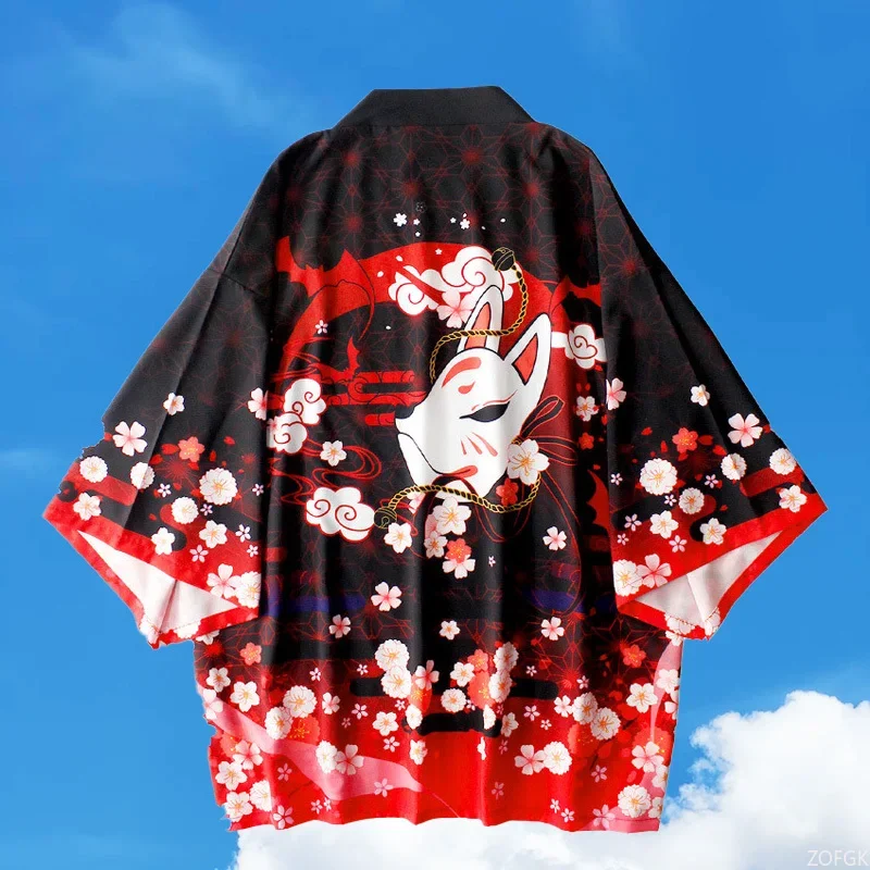 ملابس شارع يابانية فضفاضة مطبوعة على شكل ثعلب أحمر صيفي جديد مع ياقة مفتوحة للرجال والنساء قطع علوية هاراجوكو هيروشي كيمونو التأثيرية