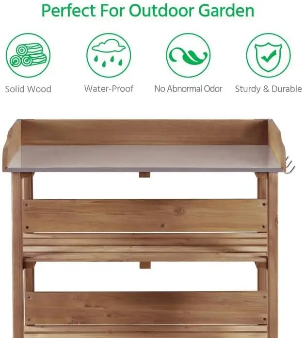 

Potting Bench Table w/Metal Tabletop for Garden, Fir Wood Workstation w/3 Tier Shelves, Outdoor Work Bench w/Hook Natural Wood