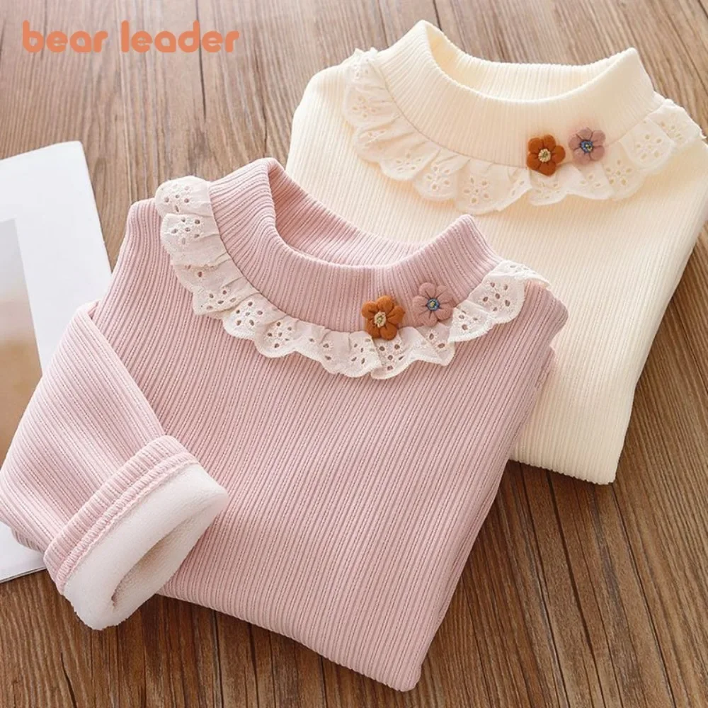Bear Leader Herbst-Winter-warmes Mädchen-Top mit 3D-Blumendekoration und Spitzen-Rundhals-T-Shirt, süße Kinderkleidung