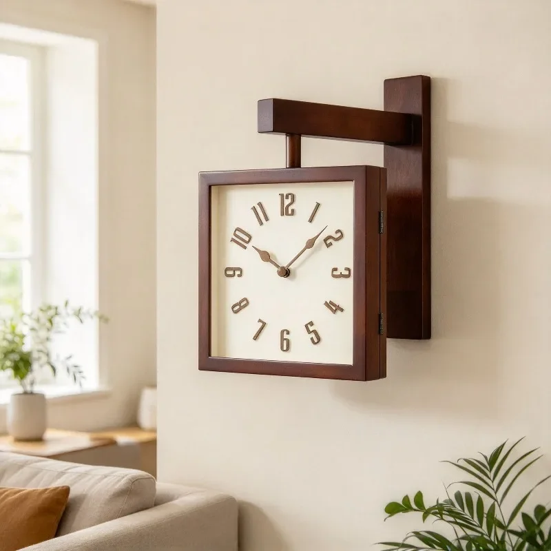 Solid Wood Wall Clock Double Side Corner Silent Living Room Modern Wall Clocks Minimalist Retro Hanging Clocks Home Decoration