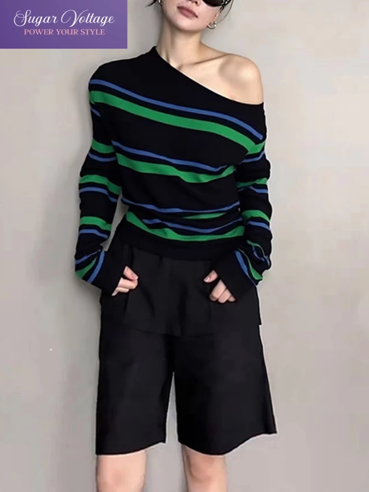 

Осенний винтажный модный вязаный мягкий свитер, женский свободный крой с длинными рукавами в полоску, топы с косым воротником, повседневные элегантные пуловеры в стиле ретро