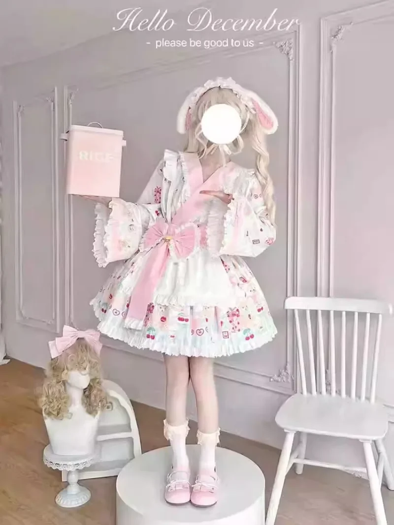 الحلو لطيف الكرتون الدب طباعة القوس فستان حفلة للأميرات مجموعة اليابانية Kawaii لوليتا كيمونو صغير تأثيري فستان خادمة للنساء #4