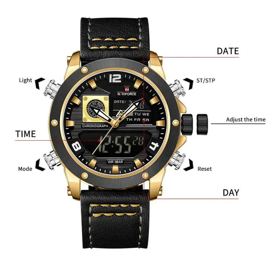 NAVIFORCE NF8051T Men Double Display Waterproof Sports Military Quartz Watch For Male Digital Wristwatch Style Clock