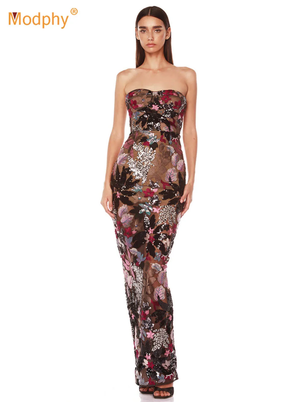 

Modphy Sequin Floral Embroidery Sexy Mesh Slim Strapless Maxi Dress Elegant Woman Evening Gowns Celebrity Party Vestidos