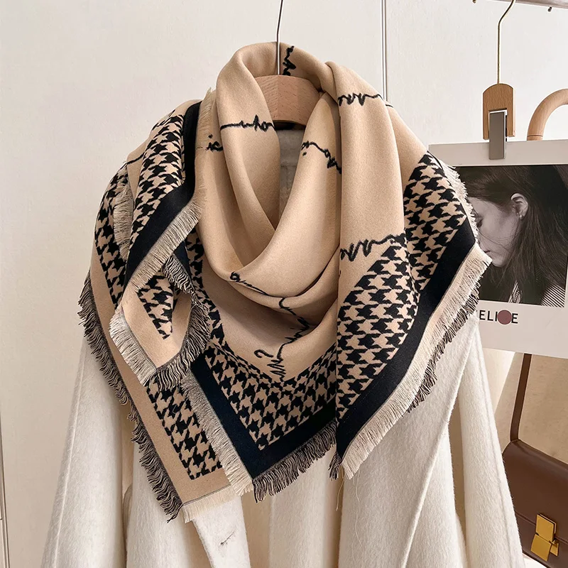 Luxury Brand Cashmere Women Houndstooth Scarf Winter Warm Pashmina Shawl and Wrap Bandana Pashmina Female Foulard Square Thick