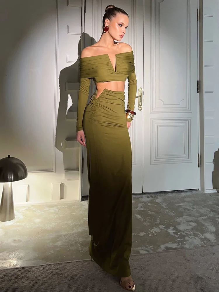 클리우 캐주얼 엘레강스 투피스 세트 여성 V넥 메탈 슬래시넥 긴팔 크롭탑+엘라스틱 웨이스트 롱 스커트 심플 베이직 슈트