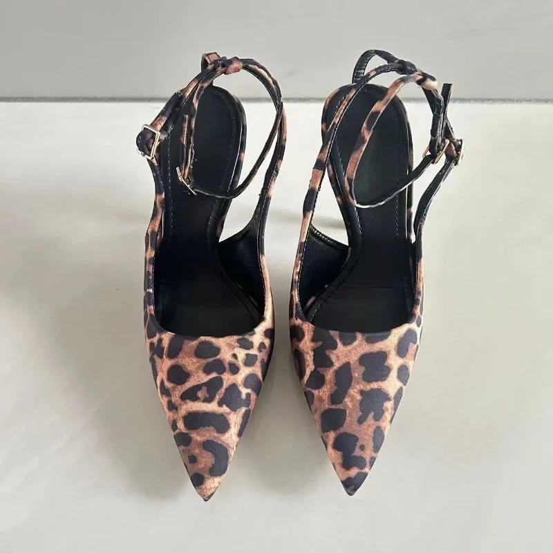 Leopard Print Pointed Toe Office Lady Shoes 2024 Autumn Designer Shallow Stilettos Large Size Ankle Strap Women High Heels Pumps