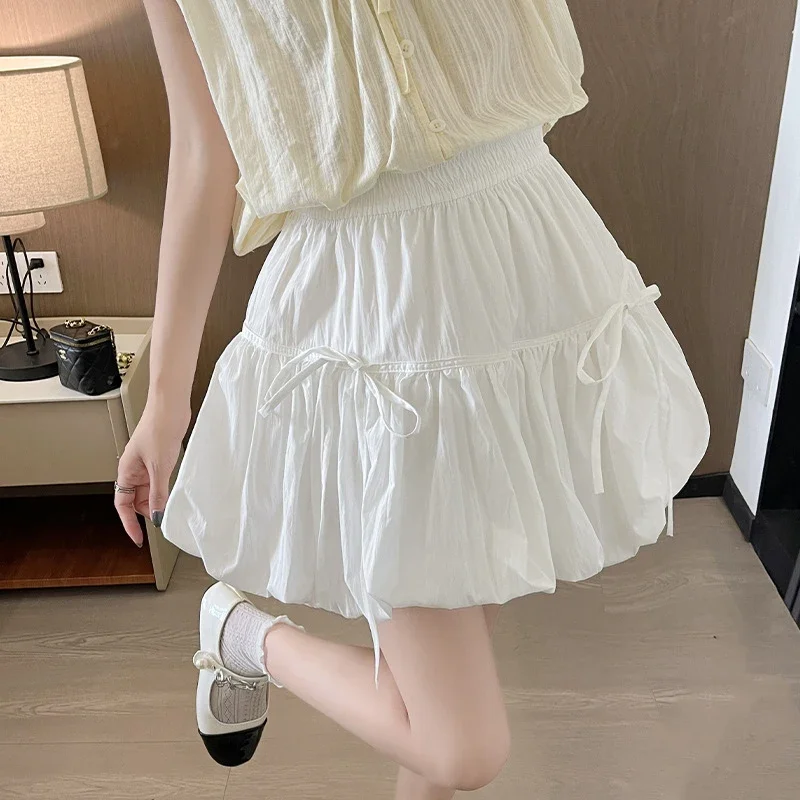 Sweet Bow Pleated Fluffy Skirts for Women Summer Elastic Waist Lantern Skirt Woman Loose White A-Line Short Skirts