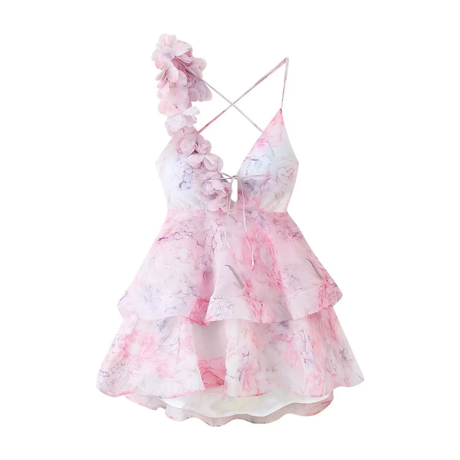 3d flores rendas até halter vestido mulher impresso em camadas sem costas profundo decote em v plissado vestidos inchados moda verão praia vestidos