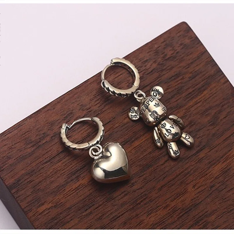 Hot Sell Elegant Asymmetric Bear & Love Heart 925 Silver Needle Ladies Tassels Stud Earrings Jewelry For Women Gifts No Fade