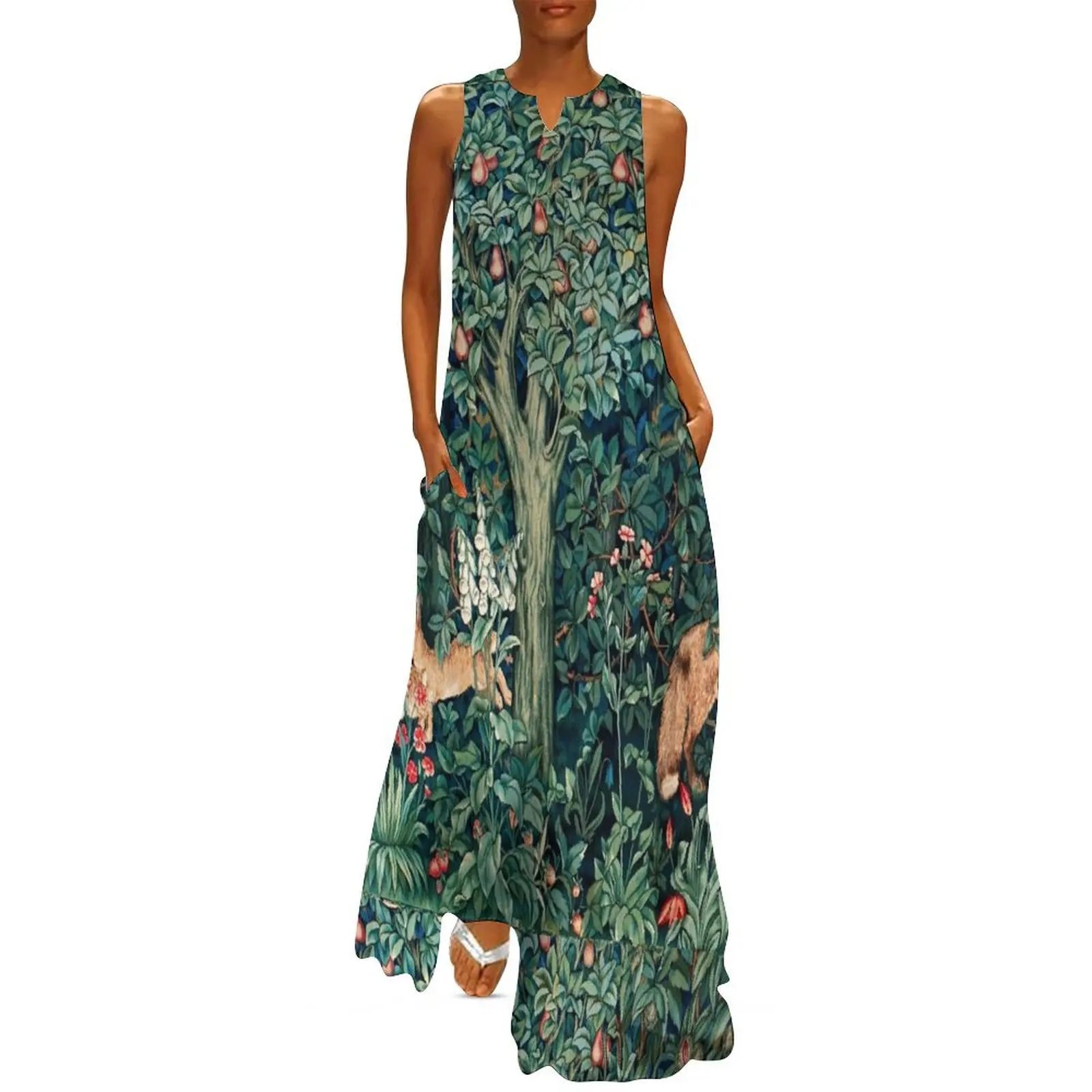 

GREENERY, FOREST ANIMALS Fox and Hares Blue Green Floral Tapestry Long Dress woman dress clothes for women