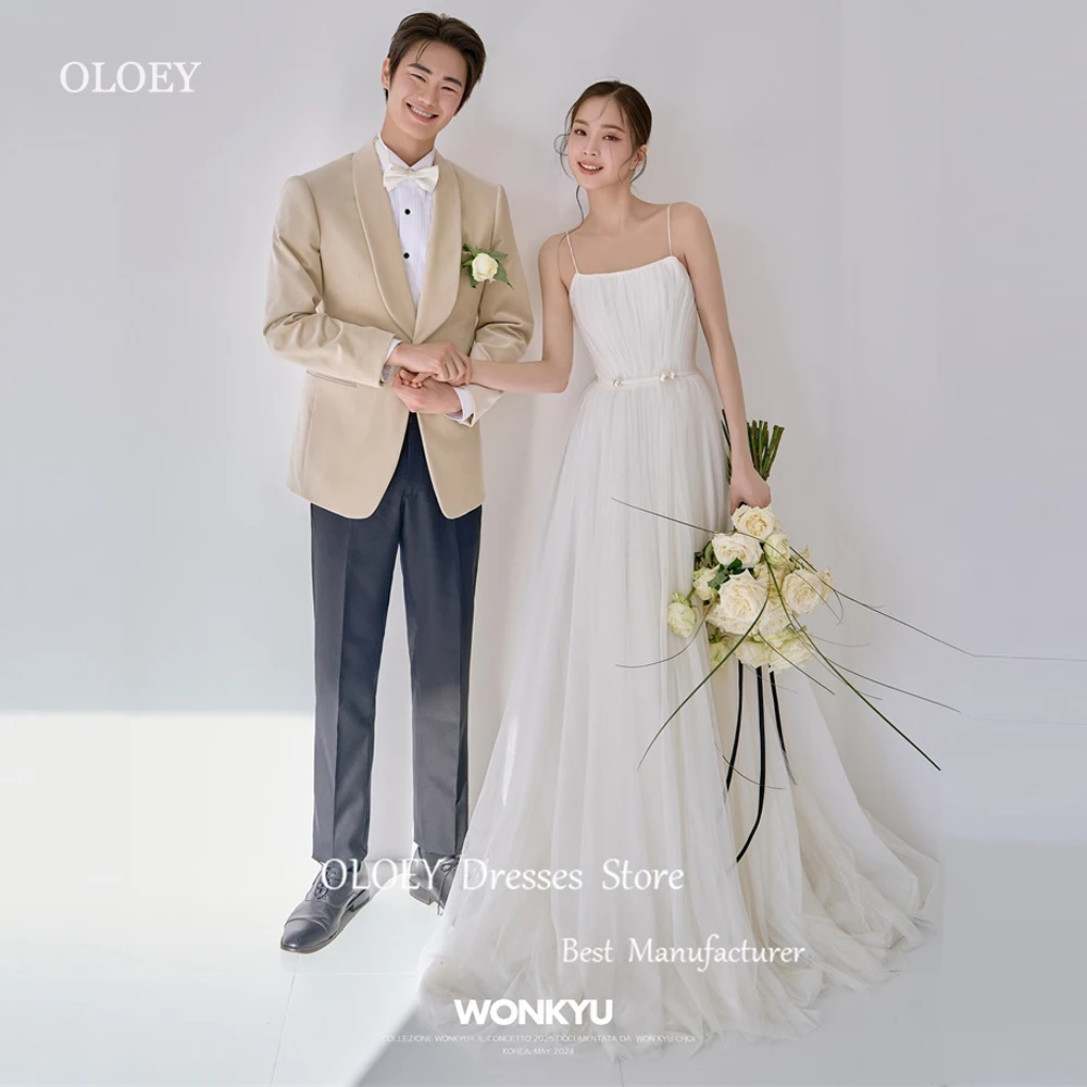 

OLOEY Simple A Line Tulle Korea Wedding Dresses Spaghetti Straps Sleeveless Floor length Bridal Gowns Country Bride Dress