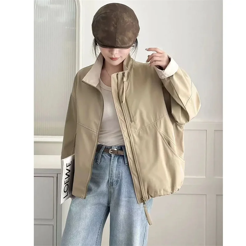 

2025 Spring Autumn Women's Stand Collar Short Double Zipper Assault Jacket Coat Female New Style Korean Thin Small Jacket Top