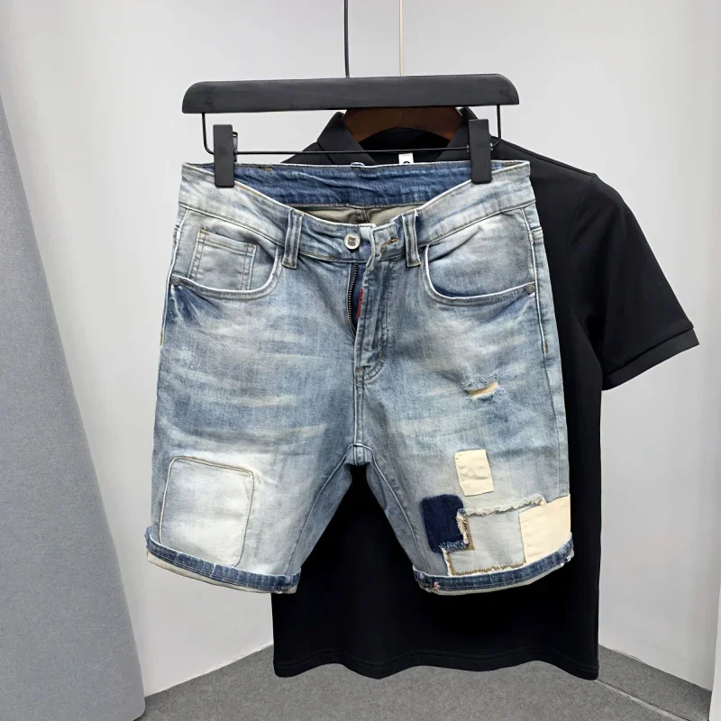 Male Denim Shorts with Pockets Blue Men\'s Short Jeans Pants Ripped Spliced New in Jorts Harajuku Korean Fashion Cowboy Thin Y2k