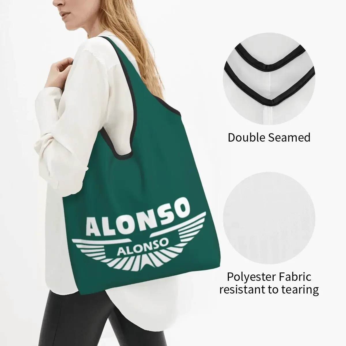 Custom Alonso Sport Motorcycle Shopping Bags Women Portable Big Capacity Groceries Shopper Tote 