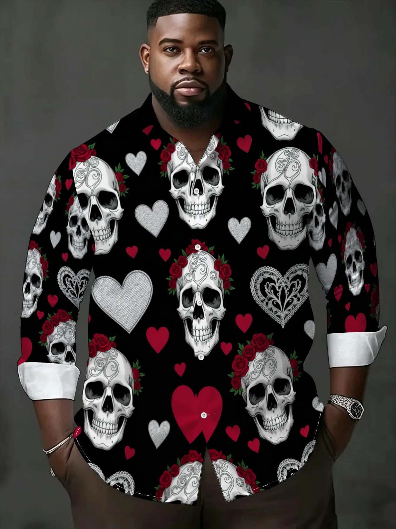 Men Long-Sleeve Button-Down Shirt Black Sugar Skull Rose Heart Print Polyester Lapel Collar Halloween Party Top