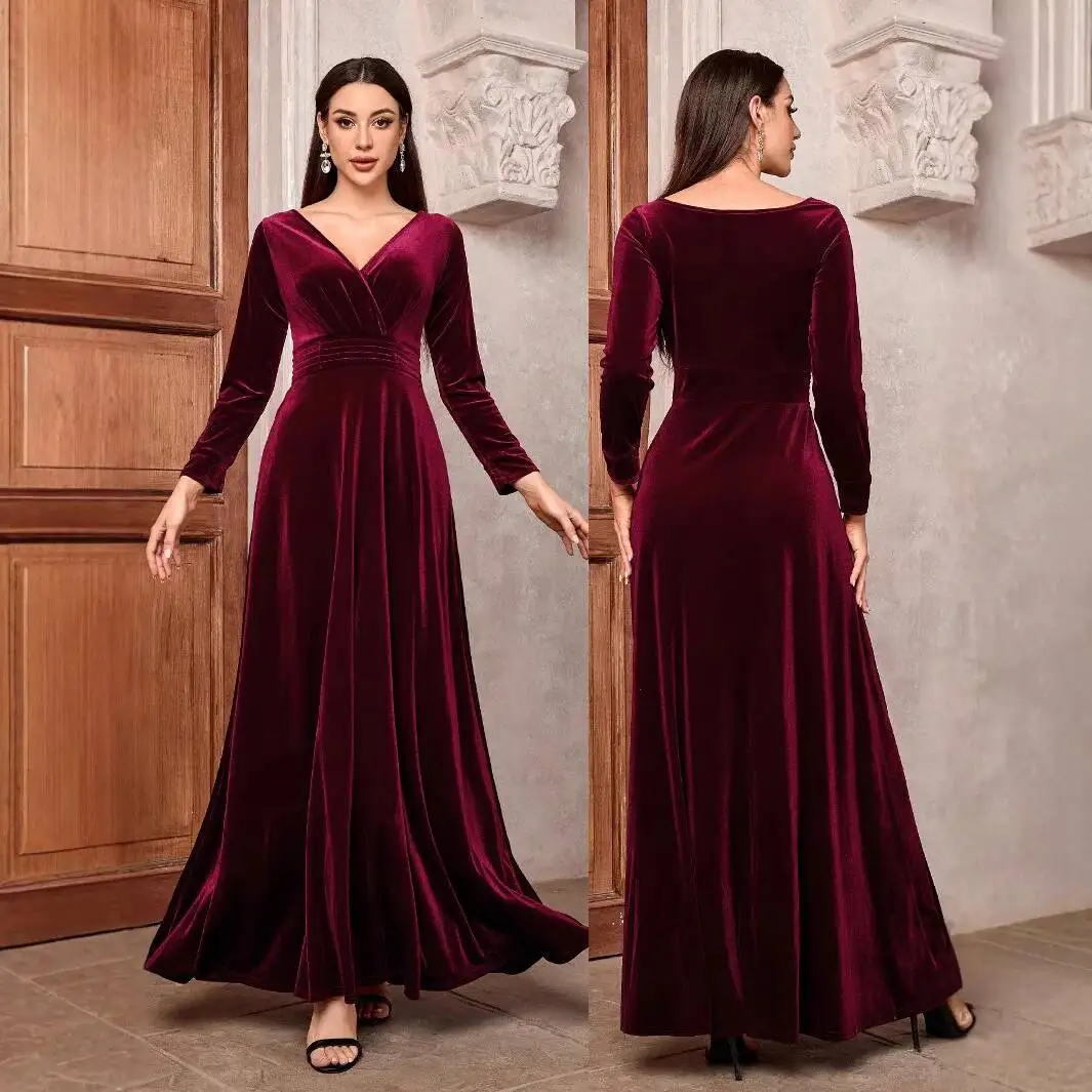 

2026 Women's Dress Autumn Winter Waist-cinching Party Dress Velvet V-neck Long Sleeve Swing Dress Elegant Evening Gown Elegant