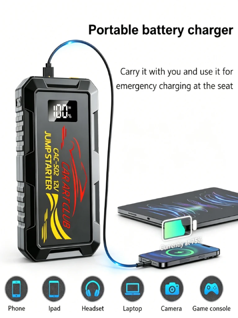 Portable Jump Starter & Power Bank - Jump Start Dead Battery in Seconds, Charge Phone, Compact for Car, Motorcycle