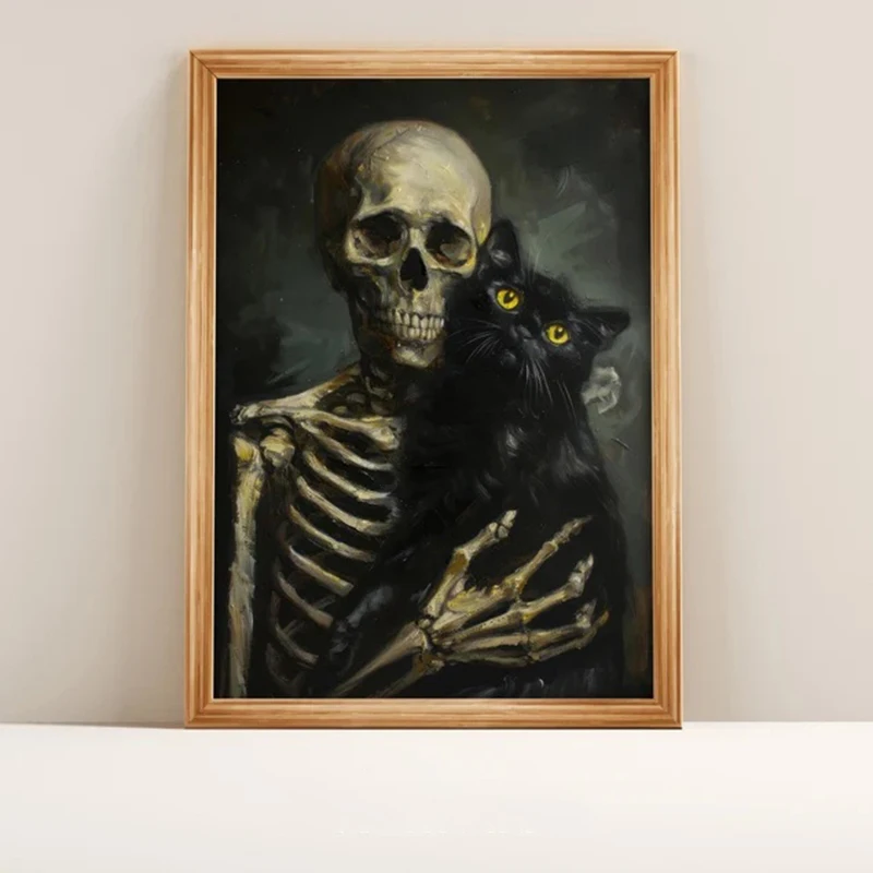 Halloween Wall Art Print Canvas Poster Rustic Decor Skeleton Painting Vintage Style