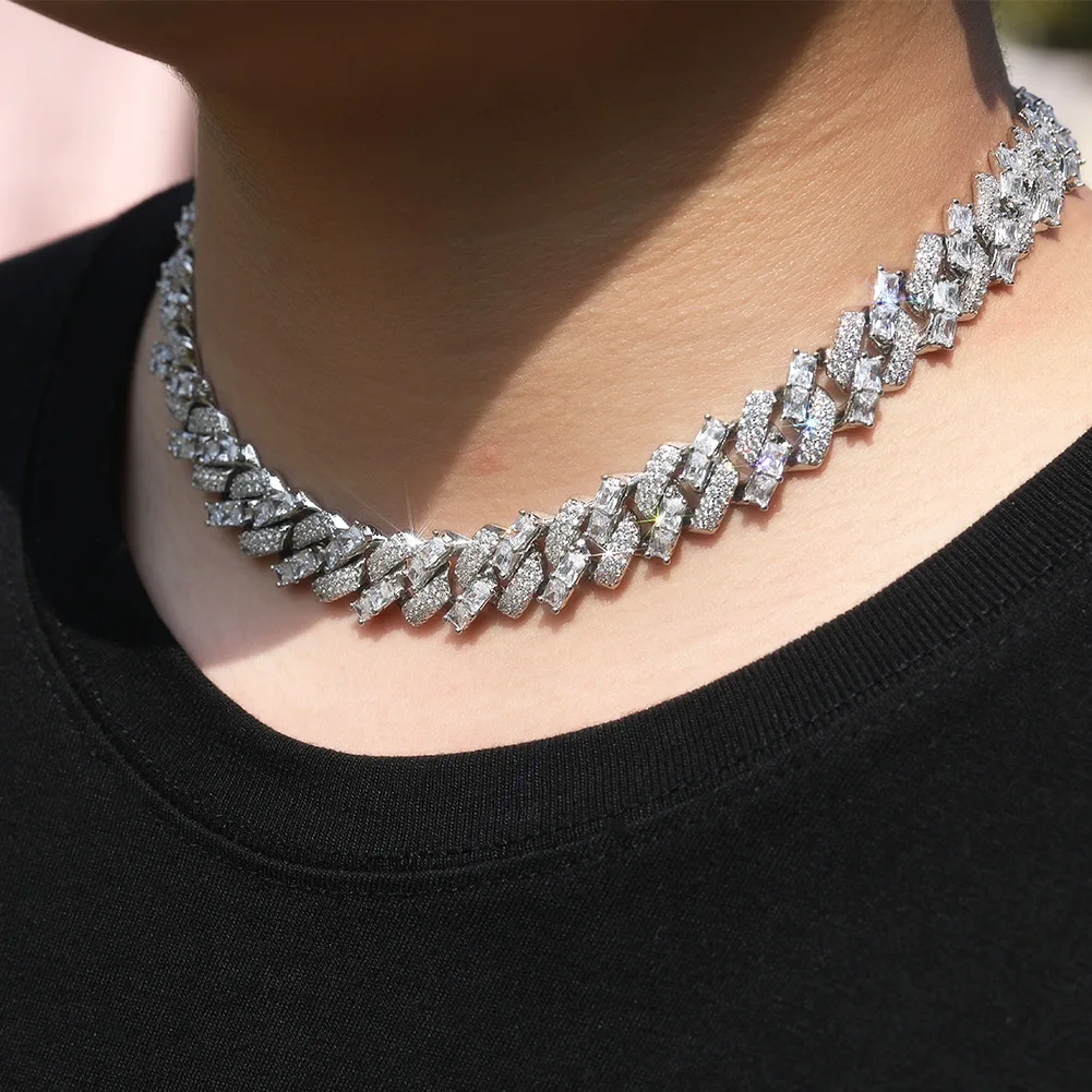 

15 мм кубинская цепочка Майами для женщин и мужчин, смешанное круглое колье BaguetteCZ, модные ювелирные изделия в стиле хип-хоп для подарка