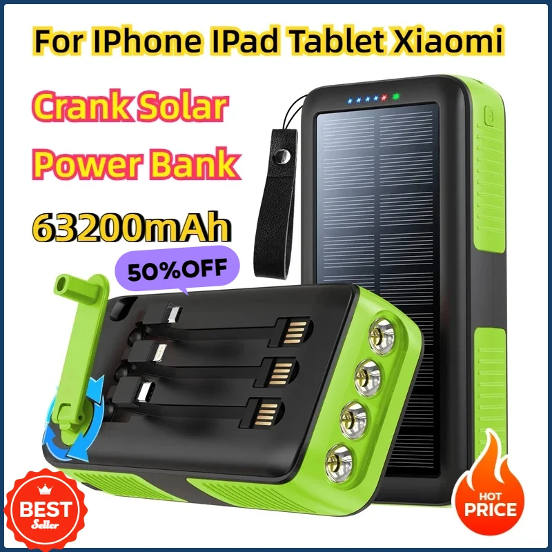 For IPhone IPad Tablet Xiaomi PoverbankHand Crank Solar Power Bank 61200mAh with Cable Flashlight 2 USB Outdoor Battery Charger