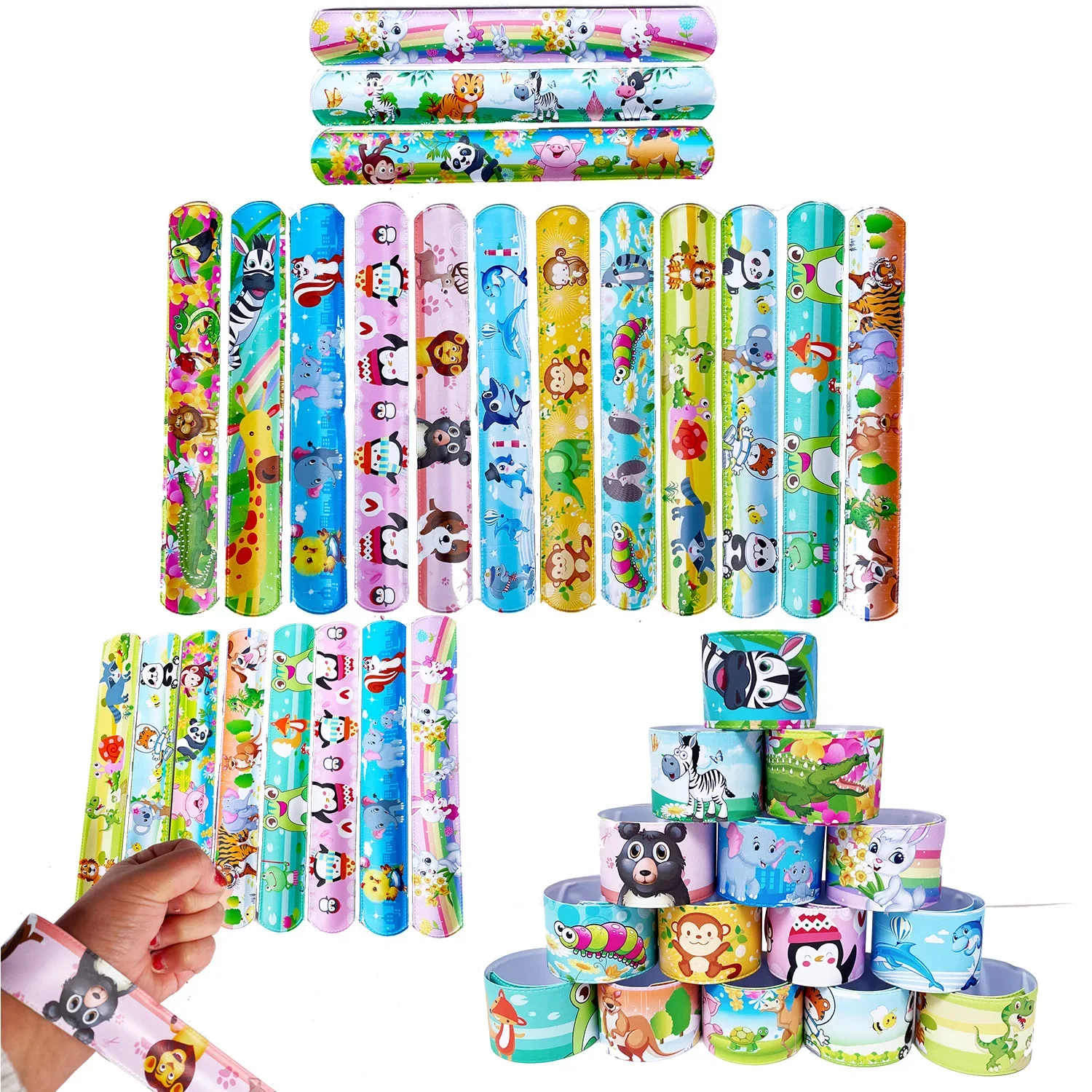 

10pcs Jungle Animals Slap Bracelets Safari Dinousaur Woodland Animal Birthday Gift Forest Creature Kid Birthday Clap Circle Gift