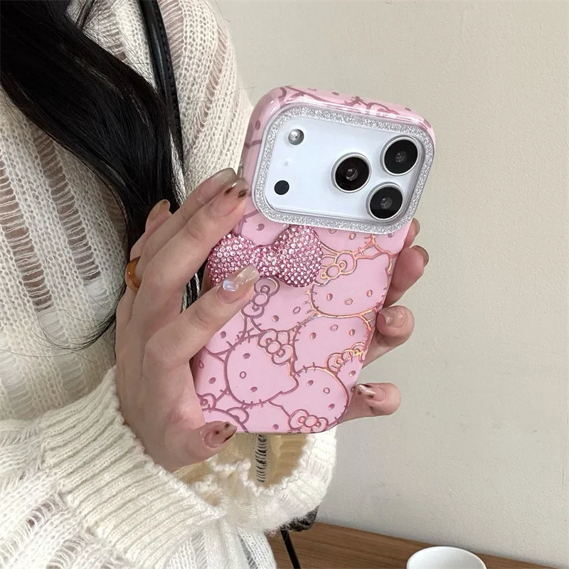 

Fashion Cute 3D Diamond Bowknot Hellokitty Phone Case For iPhone 17 Pro 15 14 16 Pro Max Back Cover Shockproof Protective Cases