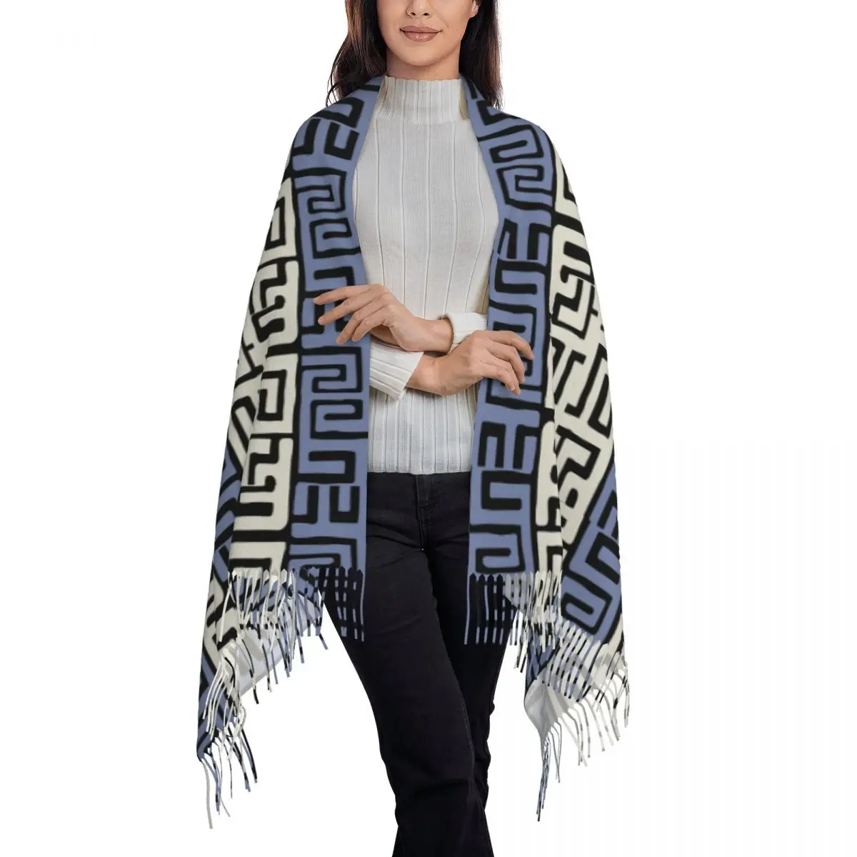 Aangepaste Boho Boheemse sjaal wrap lange winter herfst warme kwast sjaal Unisex Afrikaanse stof geïnspireerde crème en patroon sjaals