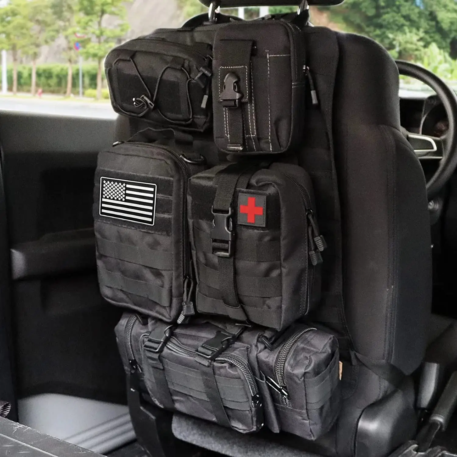 Organizador tático do assento de carro, Organizador do painel do veículo, 5 bolsas Molle destacáveis, Universal se encaixe na maioria dos veículos