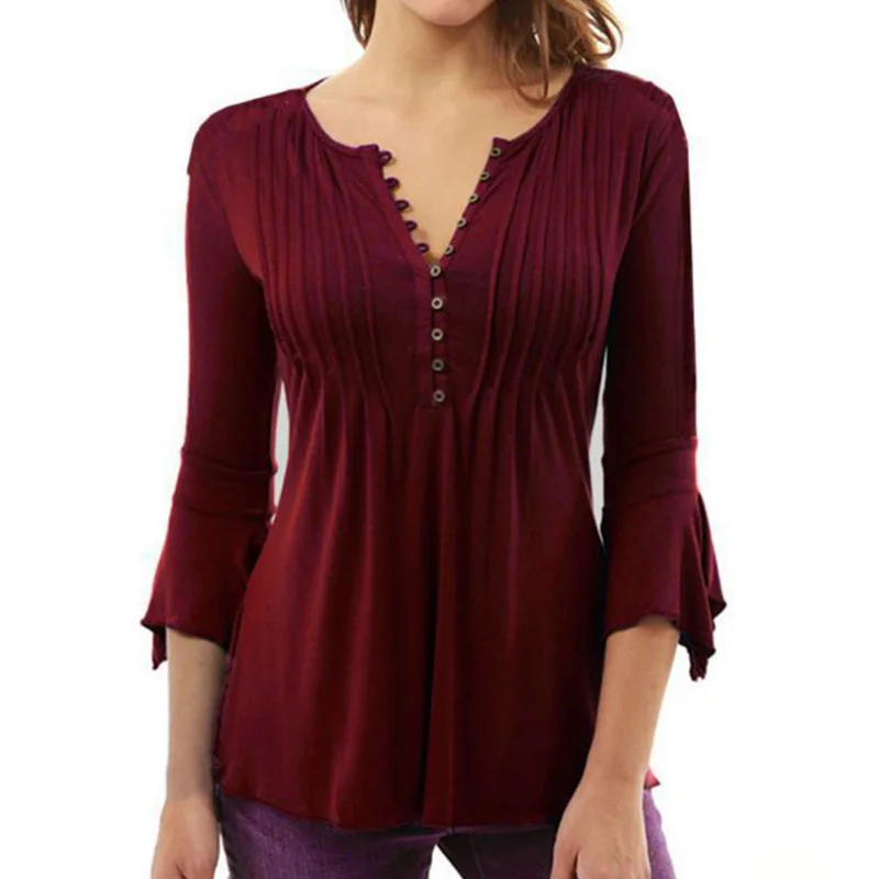 Office Lady Casual Blouse Women\'s V-Neck Long Sleeve Pullover Spring Autumn Solid Color Slim T-Shirt