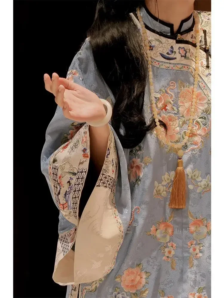 Hanfu ชุดเดรสลายดอกไม้สีฟ้าสไตล์จีนระดับไฮเอนด์