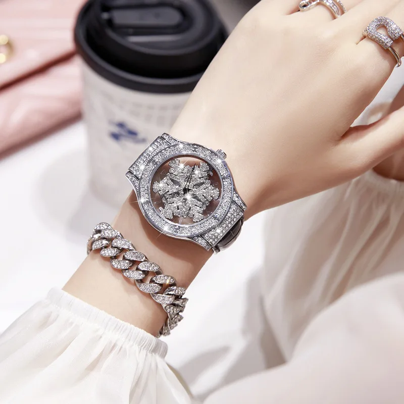 UTHAI BK120 Rotating Snowflake Hollowed Out Full Diamond Women\'s Watch Light Luxury Luck Full Sky Star Waterproof Quartz Watch