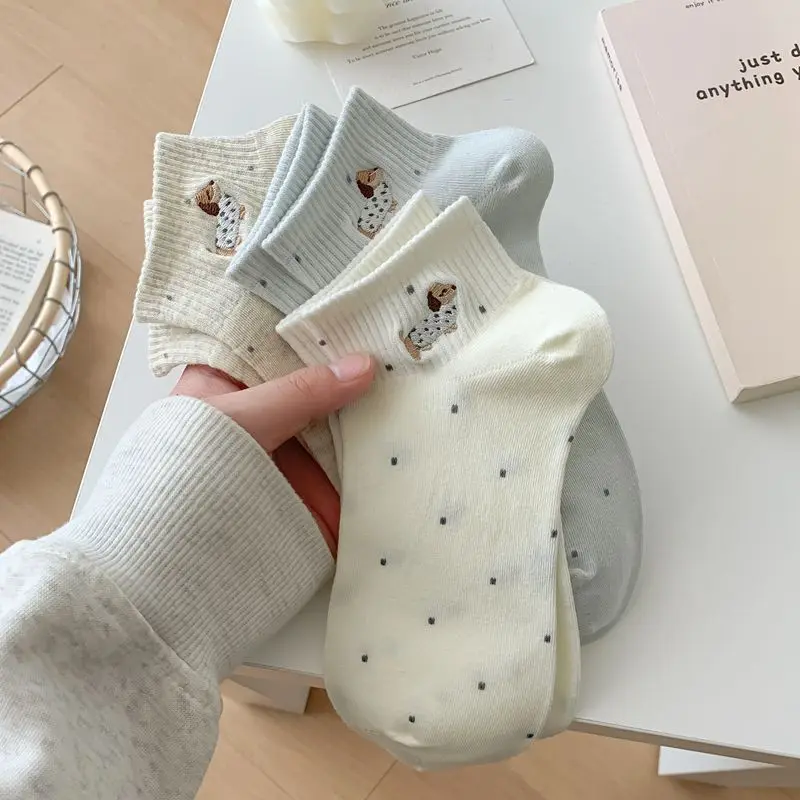 2026 Frühling Sommer Einfarbige Niedliche Knöchelsocken Koreanischer Stil Atmungsaktive Damen Hundemuster Kurzsocken 5/10 Paar