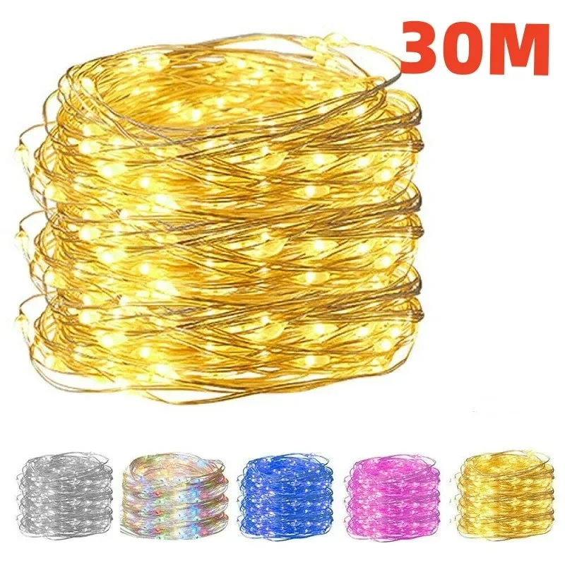 USB LED String Lights para decoração de Natal Luzes de fadas impermeáveis Fio de cobre, Guirlanda de luz, Festa de casamento, 10 m, 20 m, 30m