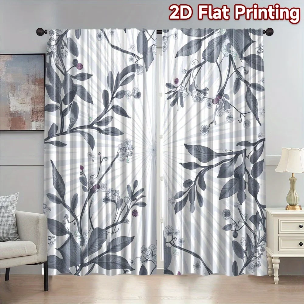 2PCS Digital Printed Curtains, Floral Ornament Pattern Decorative Botanical, Window Drapes for Living Room Bedroom Home Decor