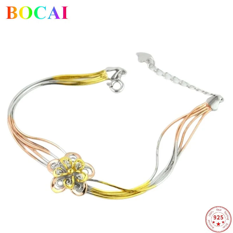 

BOCAI Solide S925 Sterling Silver Bracelets Colorful Gold Plating Flowers Simple 2022 Argentum Hand String Gift for Womenn