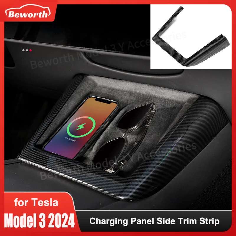 For Tesla Model 3 Highland 2024 Carbon Fiber Wireless Charging Panel Side Trim Strip Interior Decoration New Model3 Accessories 