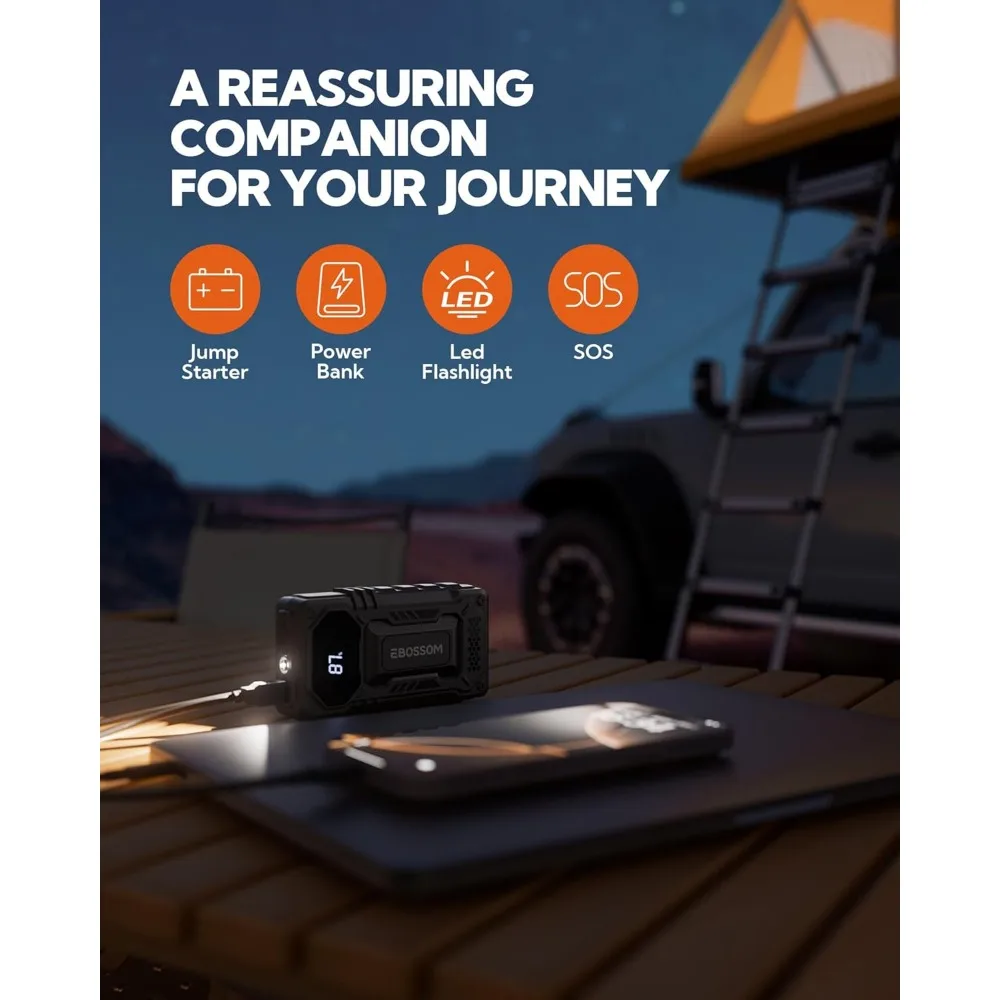 كاتب قفز بطارية السيارة، صندوق قفز بطارية 12000 مللي أمبير في الساعة، معزز قفز السيارة بقدرة 4.4 وات في الساعة مع كابلات قفز ذكية، سيارة طوارئ بإضاءة LED