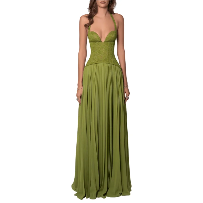 Groene Corset Halter Lange Jurk Dames Rugloze Off Shoulder Geplooide Patchwork Smalle Maxi Jurk 2026 Zomer Dames Feest Avondjurk - afbeelding 2