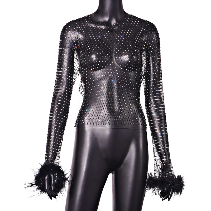 Damen-Strass-Netzoberteil, glitzerndes, durchsichtiges Mesh-T-Shirt, transparentes Diamant-Shirt, Federbündchen, Party-, Abend- und Clubwear, Y2K-Bluse – Detail 10