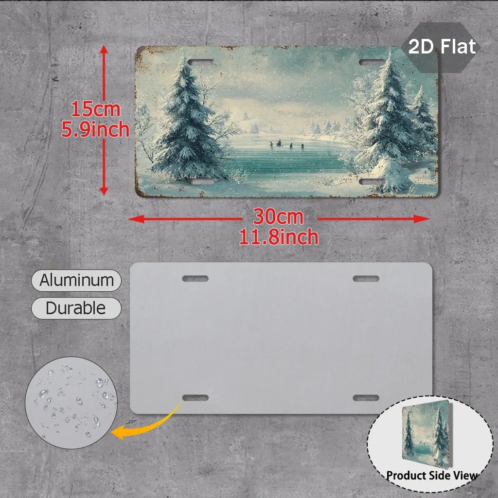 1pc Vintage Winter Lake License Plate Sign - Car Number Plate Frame (29.97cm x 14.99cm) with Snowy Lake & Pine Trees Design, Out