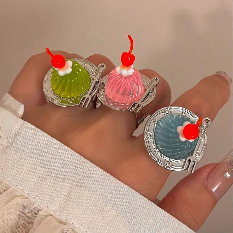 Fashion Jelly Pudding Ice Cream Cherry Fruit Ring WOmen Girls Niche Design Cute Cake Ring That Can Be Worn on The Hand