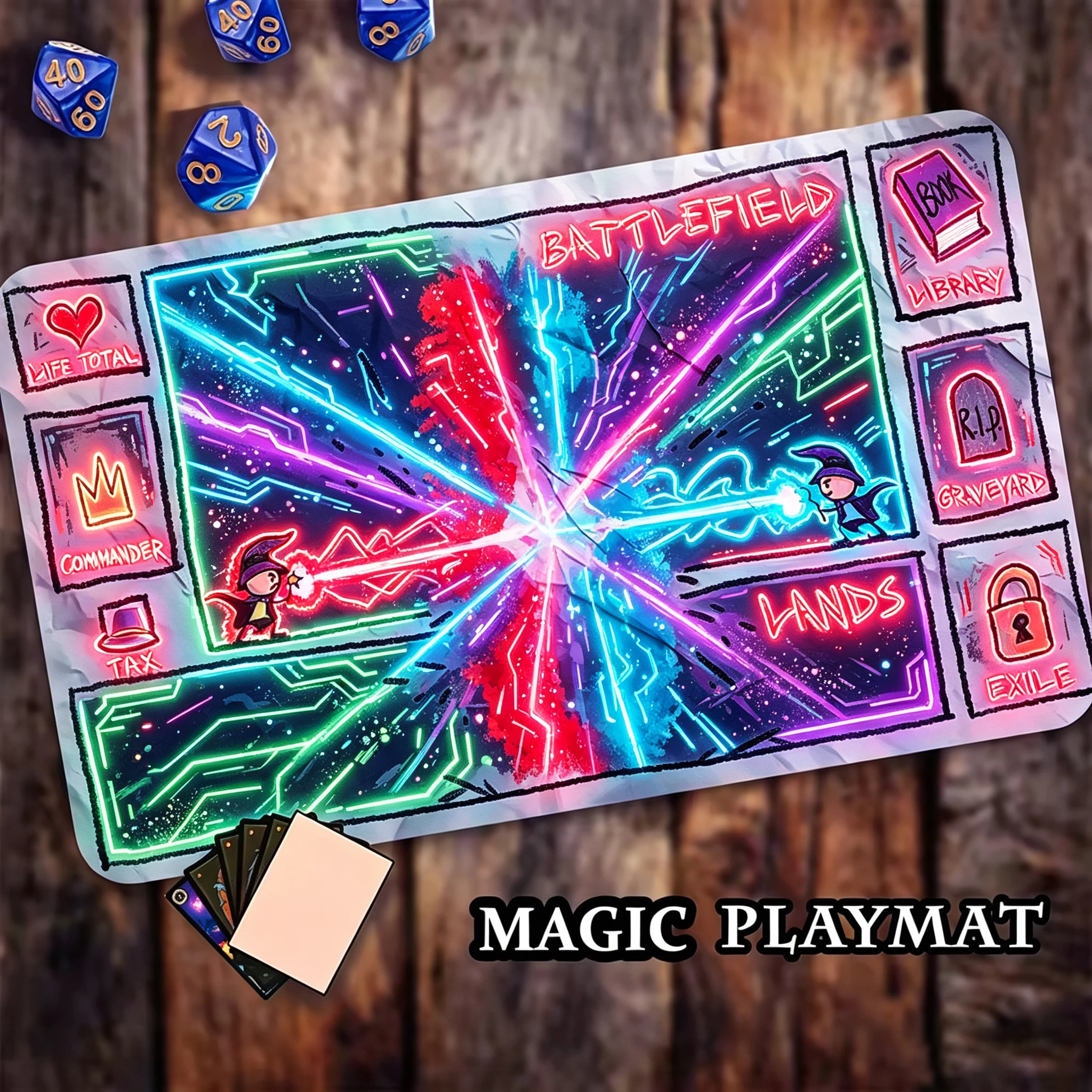 Neon Crayon Wizard Duel MTG Playmat with Zones Non-Slip Durable Stitched Edge 35X60CM Commander TCG Battle Mat Tapete Magic MTG